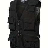 kkboxly Men's Zipper Pockets Cargo Vest: V Neck Zip Up Outwear for Spring/Summer Outdoor Activities!