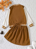 2025 kkboxly  Girls 2pcs Long Sleeve Baseball Jacket Button Coat & Pleated Short Skirt Letter B Print Corduroy Preppy Casual Kids Clothes For Spring And Autumn