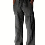 kkboxly Loose Fit Cotton Fabric Trousers, Men's Casual Solid Color Wide Leg Baggy Pants For Spring Summer Fitness Yoga