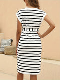 kkboxly  Striped Print Cap Sleeve Dress, Casual V Neck Button Front Split Dress, Women's Clothing