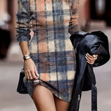 kkboxly  Plaid Print Crew Neck Dress, Casual Long Sleeve Bodycon Dress, Women's Clothing