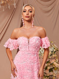 kkboxly  Sweetheart Neck Floral Dress, Puff Sleeve Off-shoulder Floor Length A-line Dress, Women's Clothing