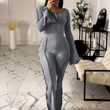 kkboxly Solid Rib Two-piece Set, Flared Sleeve Crew Neck Tops & High Waist Long Length Pants Outfits, Women's Clothing