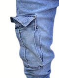 kkboxly  Slim Fit Flap Pocket Cargo Jeans, Men's Casual Solid Color Slightly Stretch Multi Pocket Denim Pants For Spring Summer