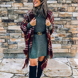 Classic Tartan Fringe Shawl Vintage Striped Plaid Open Front Poncho Capel Autumn Winter Travel Coldproof Knitted Cardigan Shawl