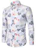 kkboxly  Men's Casual All Over Print Shirt Long Sleeve Turndown Collar Blouse Shirt