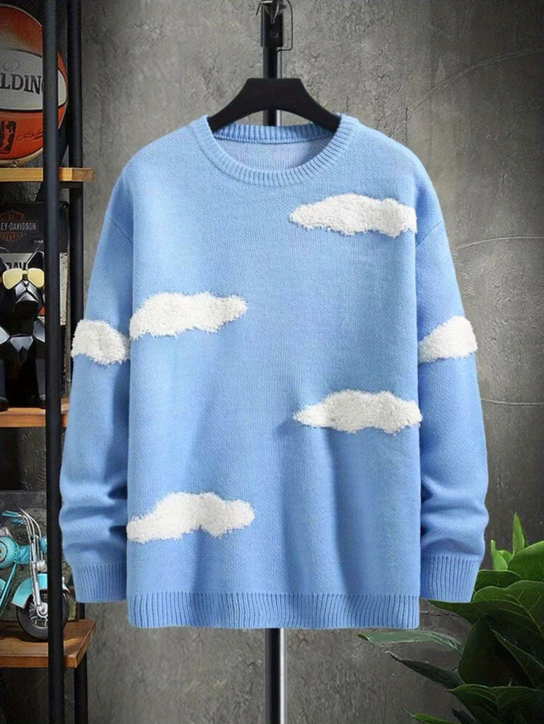 kkboxly  All Match Knitted Sweater, Men's Casual Warm Slightly Stretch Cloud Chenille Embroidery Crew Neck Pullover Sweater For Fall Winter