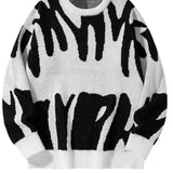 2025 kkboxly  Stylish Letter Knitted Sweater, Men's Casual Warm Slightly Stretch Street Style Round Neck Pullover Sweater For Fall Winter