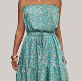 kkboxly  Ditsy Floral Off Shoulder Dress, Sexy Sleeveless Drawstring Summer Dress, Women's Clothing