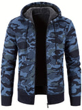 kkboxly Warm Fleece Camouflage Pattern Hooded Jacket, Men's Casual Zipper Pockets Slightly Stretch Sweatshirt Jacket For Fall Winter