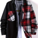 Men's Casual Cotton Stitch Plaid Button Up Shirt With Chest Pocket, Male Clothes For Spring And Fall