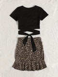 kkboxly  Casual Two-piece Set, Tied Surplice Neck T-shirt & Leopard Print Drawstring Skirt Outfits, Women's Clothing
