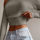 kkboxly  Ribbed Asymmetrical Neck Knit Crop Sweater, Sexy Cold Shoulder Long Sleeve Pullover Sweater, Women's Clothing