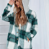 kkboxly  Plus Size Casual Coat, Women's Plus Colorblock Plaid Print Drawstring Hooded Long Sleeve Button Up Overcoat With Pockets