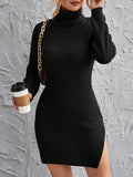 kkboxly  Bodycon Solid Turtleneck Knitted Dress, Elegant Long Sleeve Casual Dress For Fall & Winter, Women's Clothing