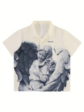 kkboxly kkboxly Winged Girl 3D Graphic Print Men's Novelty Short Sleeve Button Down Shirt, Summer Outdoor