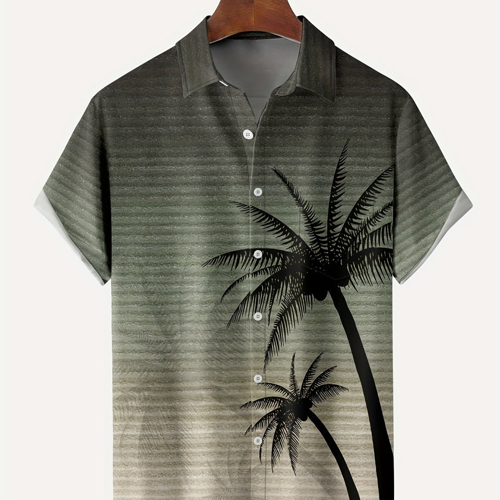 kkboxly  Coconut Tree Print Casual Short Sleeve Shirt, Men's Hawaiian Shirt For Summer Vacation Resort