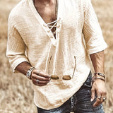 kkboxly  Men's Retro Shirt Top V Neck Lace Up Collar Middle Sleeves Closure Regular Fit Male Casual Shirt For Daily Beach Resorts Summer