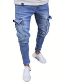 kkboxly  Slim Fit Flap Pocket Cargo Jeans, Men's Casual Solid Color Slightly Stretch Multi Pocket Denim Pants For Spring Summer