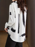 kkboxlyBrush Print Button Front Shirt, Casual Turn Down Collar Long Sleeve Shirt, Women's Clothing