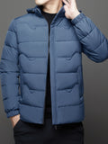 kkboxly  Men's Stylish Solid Puffer Coat With Pockets, Casual Breathable Zip Up Long Sleeve Warm Hooded Top For City Walk Street Hanging Winter Outdoor Activities