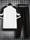 2-piece Men's Summer Street Outfit Set, Color Block Men's Short Sleeve Round Neck T-shirt & Drawstring Long Pants Set