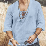 kkboxly  Men's Breathable Creative Cotton Top, Casual Slightly Stretch Short Sleeve V Neck T-shirt, Men's Tee For Summer Outdoor