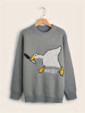 kkboxly  All Match Knitted Cartoon Duck Pattern Sweater, Men's Casual Warm Slightly Stretch Crew Neck Pullover Sweater For Men Fall Winter