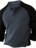 kkboxly  Color Block Men's Comfy Long Raglan Sleeve Round Neck Henley Shirt, Spring Fall Sports Top
