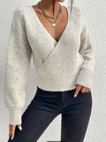 kkboxly  Solid Surplice Neck Knit Sweater, Casual Long Sleeve Sweater, Women's Clothing
