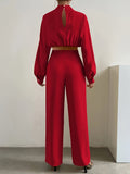 kkboxly  Solid Elegant Two-piece Set, Mock Neck Long Sleeve Top & Pants Outfits, Women's Clothing