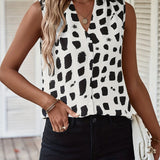 kkboxly   Graphic Print Button V Neck Blouse, Casual Sleeveless Blouse For Spring & Summer, Women's Clothing