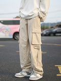 kkboxly Solid Color Men's Trendy Long Cargo Pants With Flap Pockets And Zipper Design, All Seasons Outdoor