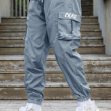 kkboxly kkboxly  Trendy Chase Letter Pattern Cargo Pants, Men's Multi Flap Pocket Trousers, Loose Casual Outdoor Pants, Men's Work Pants Outdoors Streetwear Hip Hop Style