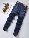 kkboxly  Chic Straight Leg Jeans, Men's Casual Regular Stretch Street Style Denim Pants With Pockets