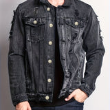 kkboxly  Men's Casual Ripped Denim Jacket, Street Style Button Up Flap Pocket Jacket