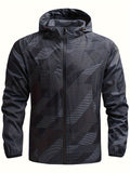 kkboxly  Men's Casual Geometric Print Windbreaker Jacket, Chic Hooded Thin Lightweight Outdoor Jacket