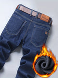 kkboxly  Warm Fleece Straight Leg Jeans For Business, Men's Casual Stretch Thick Denim Pants For Fall Winter