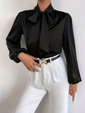 Solid Tie Neck Blouse, Elegant Lantern Sleeve Blouse For Spring & Fall, Women's Clothing