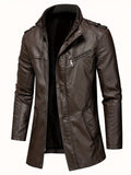 kkboxly  Vintage Style PU Jacket, Men's Casual Warm Fleece Zip Up Faux Leather Jacket