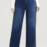 kkboxly  Plus Size Basic Jeans, Women's Plus Solid Button Fly High Rise Medium Stretch Wide Leg Jeans