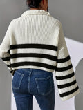 kkboxly  Striped Pattern Half Zip Pullover Sweater, Casual Bell Sleeve Sweater For Fall & Winter, Women's Clothing