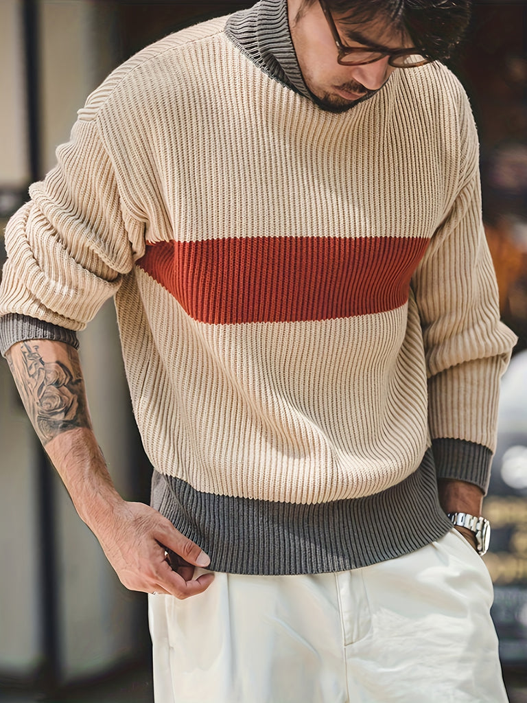 kkboxly  Turtle Neck Knitted Sweater, Men's Casual Loose Fit Warm Color Block High Stretch Pullover Sweater For Spring Fall