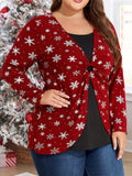 2 In 1 Plus Size Christmas Print T-shirt, Elegant Long Sleeve Top For Spring & Fall