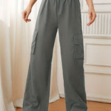 kkboxly  Flap Pockets Straight Leg Cargo Pants, Casual High Waist Pants, Women's Clothing