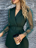 Contrast Mesh Lapel Blazer, Casual Solid Double Breasted Outerwear, Women's Clothing