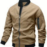 kkboxly  Classic Design Track Jacket, Men's Casual Baseball Collar Solid Color Zip Up Jacket For Spring Fall