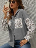 kkboxly  Corduroy Leopard Print Stitching Coat, Casual Lapel Long Sleeve Button Down Fashion Loose Outerwear, Women's Clothing