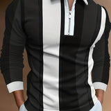 kkboxly  Men's Stripe Long Sleeve Zip Polo Shirt, Men's Clothing