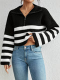 kkboxly  Striped Zip Turndown Collar Crop Sweater, Casual Long Sleeve Drop Shoulder Sweater, Women's Clothing
